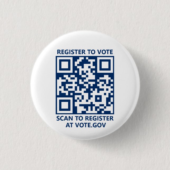 Register to vote scannable QR Code navy and white 3 Cm Round Badge (Front)