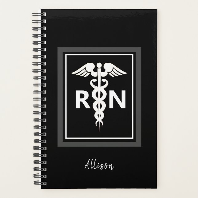 Registered Nurse Black White Caduceus Personalised Planner (Front)