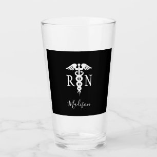 Registered Nurse Caduceus Black White Personalised Glass