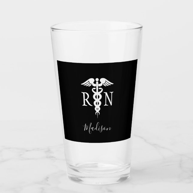 Registered Nurse Caduceus Black White Personalised Glass (Front)