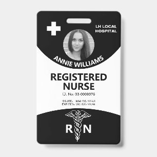 Registered nurse caduceus black, white photo id badge