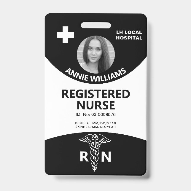 Registered nurse caduceus black, white photo id badge (Front)