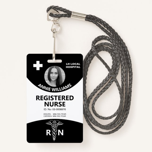 Registered nurse caduceus black, white photo id ID badge (Front with Lanyard)