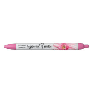 Registered Nurse Caduceus  Pink Daisy Floral  Black Ink Pen
