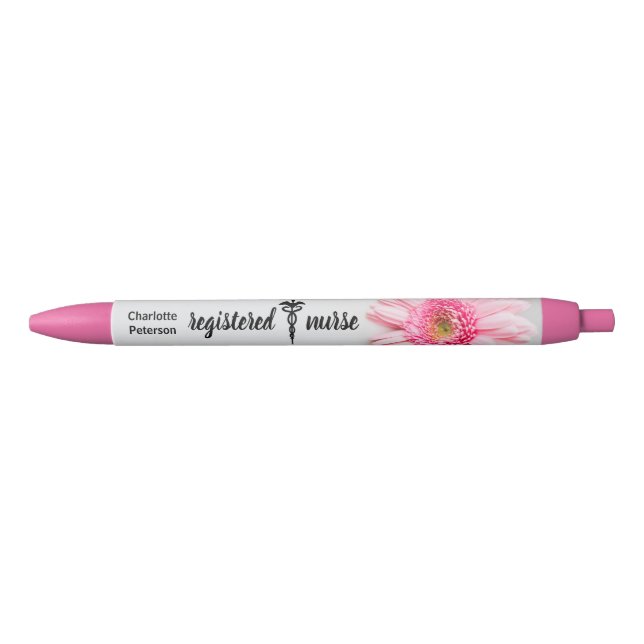 Registered Nurse Caduceus  Pink Daisy Floral  Black Ink Pen (Front)
