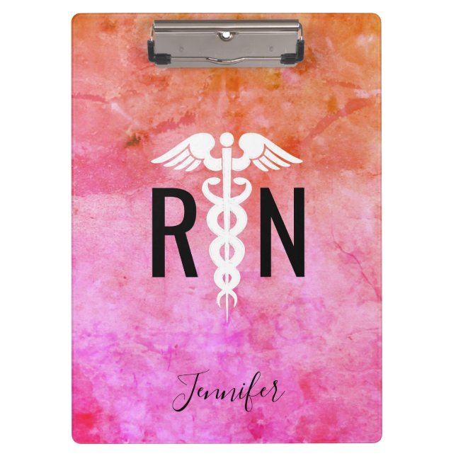 Registered Nurse Caduceus Pink Orange Watercolor Clipboard (Front)
