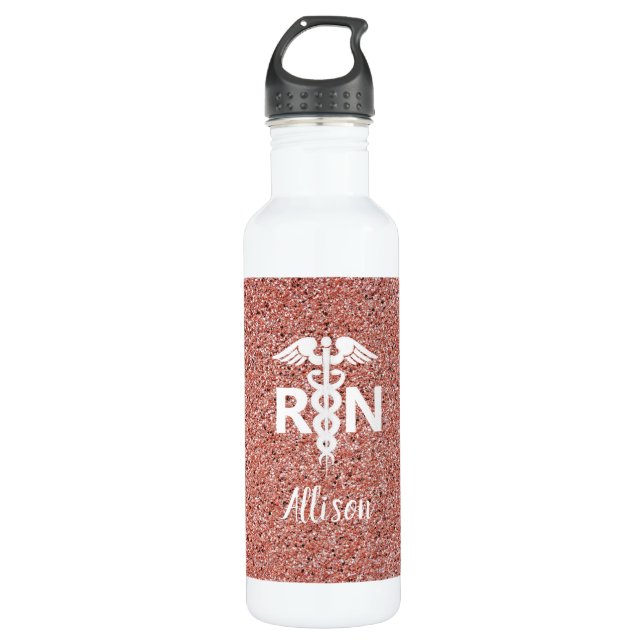 Registered Nurse Caduceus Rose Gold Glitter Custom 710 Ml Water Bottle (Front)