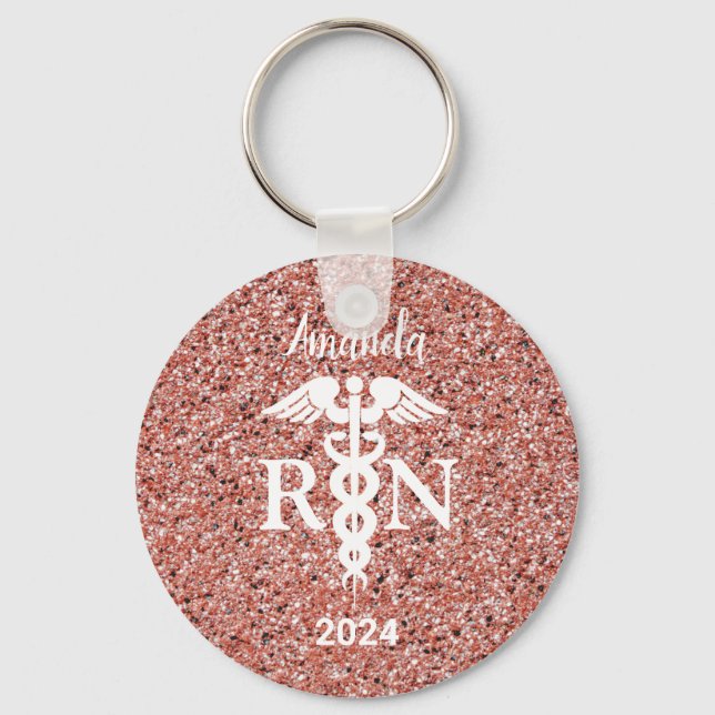 Registered Nurse Caduceus Rose Gold Glitter Custom Key Ring (Front)