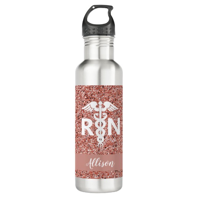 Registered Nurse Caduceus Rose Gold Glitter Name 710 Ml Water Bottle (Front)