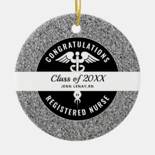 Registered Nurse Graduate Silver Glitter Monogram Ceramic Tree Decoration