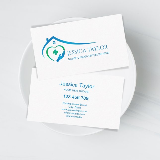 Registered Nurse Home Healthcare Provider Elderly Business Card (home healthcare hand with heart)