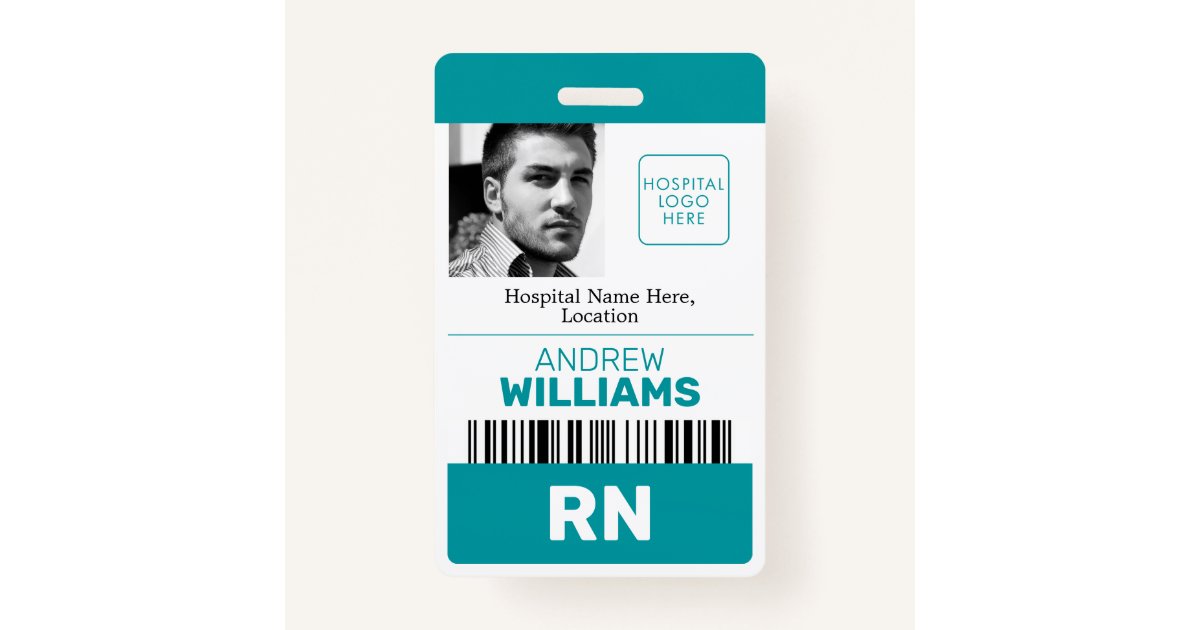 Registered Nurse ID Barcode Teal White Logo Photo ID Badge Zazzle