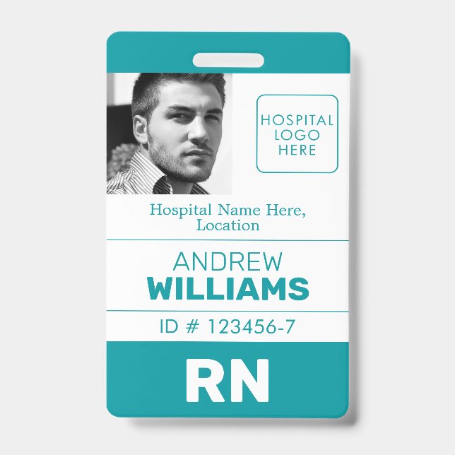Registered Nurse ID Number Teal White Logo Photo Badge (Front)