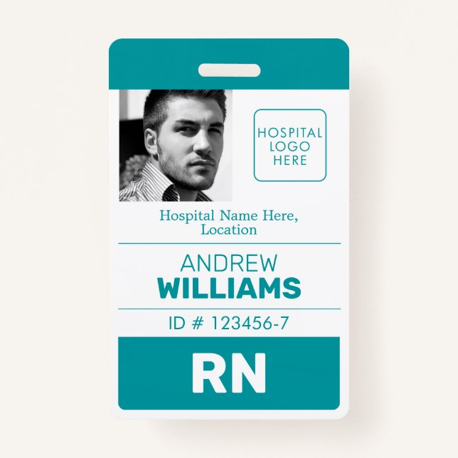 Registered Nurse ID Number Teal White Logo Photo ID Badge (Front)