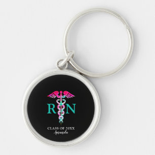 Registered Nurse Medical Pink Teal Caduceus Name Key Ring