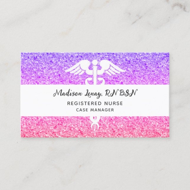Registered Nurse Modern Purple Pink Glitter Business Card (Front)