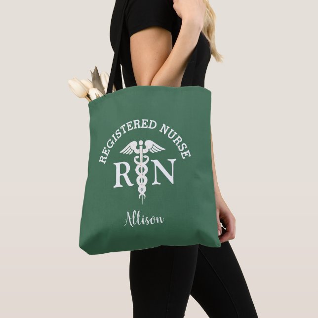 Registered Nurse Olive Green White Script Name Tote Bag (Close Up)