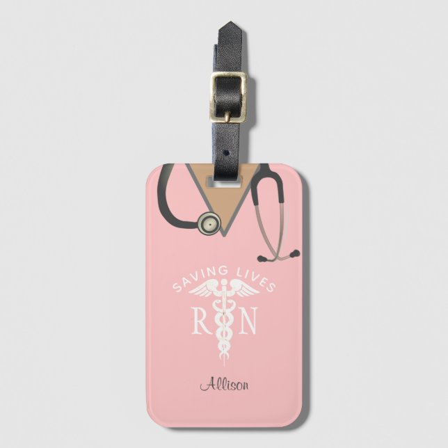 Registered Nurse Pink Medical Scrubs Personalised Luggage Tag (Front Vertical)