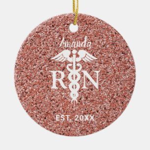 Registered Nurse Pink Rose Gold Glitter Customized Ceramic Tree Decoration