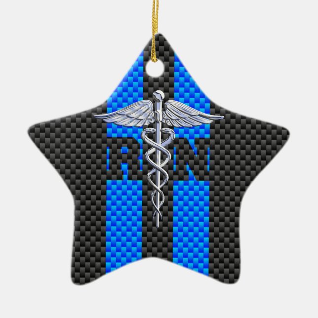 Registered Nurse RN Caduceus Carbon Fiber Style Ceramic Tree Decoration (Front)