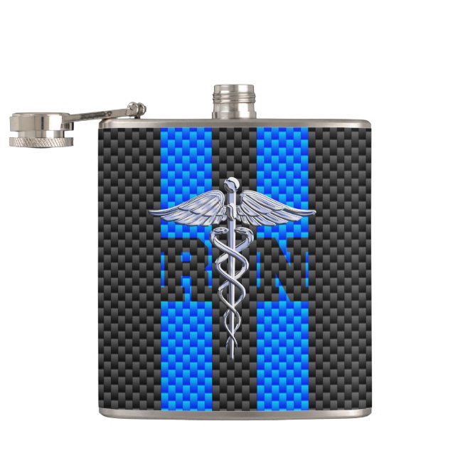 Registered Nurse RN Caduceus Carbon Fibre Stripes Hip Flask (Opened)