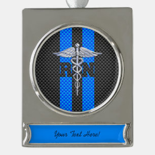 Registered Nurse RN Caduceus Carbon Fibre Stripes Silver Plated Banner Ornament