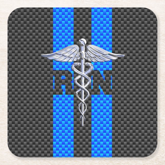 Registered Nurse RN Caduceus Carbon Fibre Stripes Square Paper Coaster (Front)