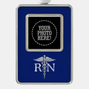 Registered Nurse RN Caduceus Design Silver Plated Framed Ornament