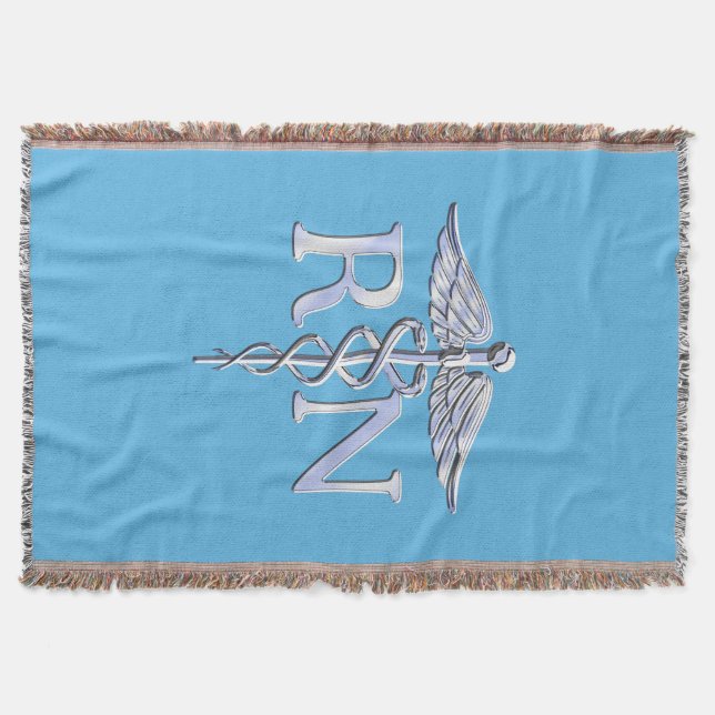 Registered Nurse RN Caduceus on Baby Blue Decor Throw Blanket (Front)