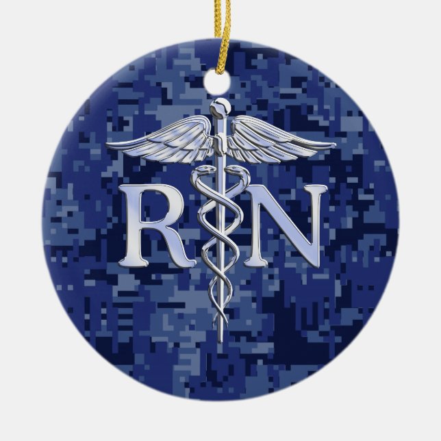 Registered Nurse RN Caduceus on Blue Camo Ceramic Tree Decoration (Front)