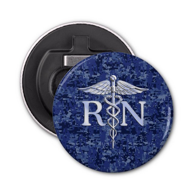 Registered Nurse RN Caduceus on Navy Blue Camo Bottle Opener (Front)