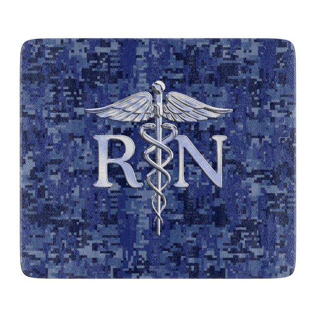 Registered Nurse RN Caduceus on Navy Blue Camo Cutting Board (Front)