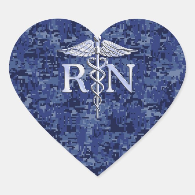 Registered Nurse RN Caduceus on Navy Blue Camo Heart Sticker (Front)