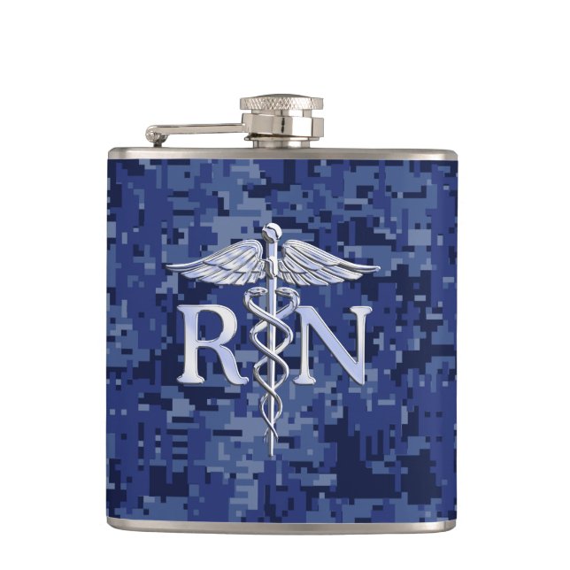 Registered Nurse RN Caduceus on Navy Blue Camo Hip Flask (Front)