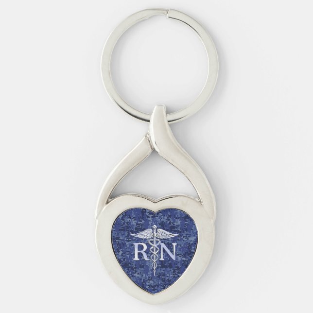 Registered Nurse RN Caduceus on Navy Blue Camo Key Ring (Front)