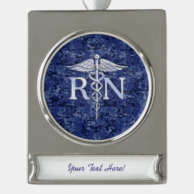 Registered Nurse RN Caduceus on Navy Blue Camo Silver Plated Banner Ornament (Front)