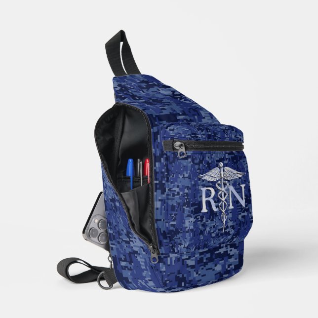 Registered Nurse RN Caduceus on Navy Blue Camo Sling Bag (Open)