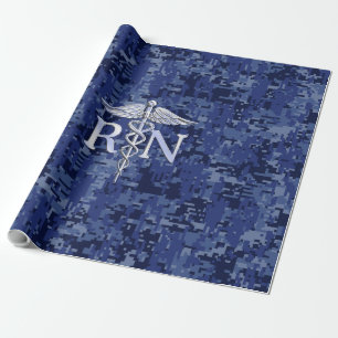 Registered Nurse RN Caduceus on Navy Blue Camo Wrapping Paper
