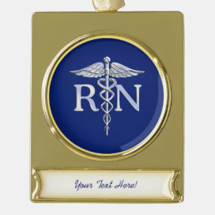 Registered Nurse RN Caduceus on Navy Blue Decor Gold Plated Banner Ornament