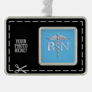 Registered Nurse RN Caduceus on Pastel Blue Silver Plated Framed Ornament