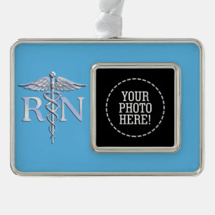 Registered Nurse RN Caduceus on Pastel Blue Silver Plated Framed Ornament
