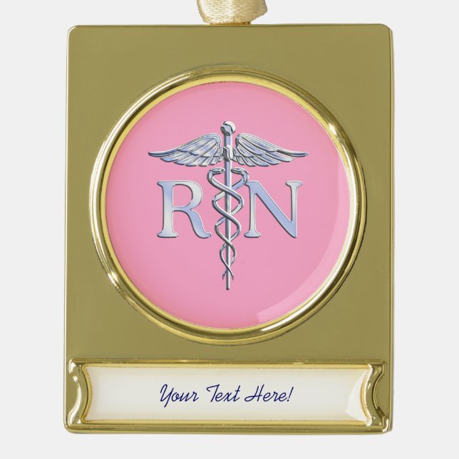 Registered Nurse RN Caduceus on Pastel Pink Gold Plated Banner Ornament (Front)