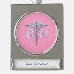 Registered Nurse RN Caduceus on Pastel Pink Silver Plated Banner Ornament