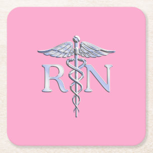 Registered Nurse RN Caduceus on Pastel Pink Square Paper Coaster