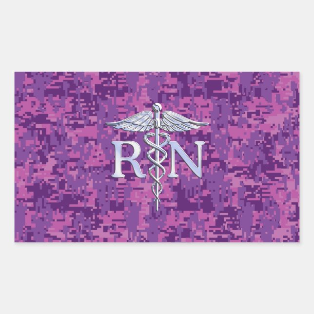 Registered Nurse RN Caduceus on Pink Camouflage Rectangular Sticker (Front)