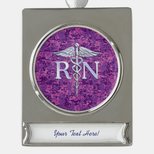 Registered Nurse RN Caduceus on Pink Camouflage Silver Plated Banner Ornament (Front)