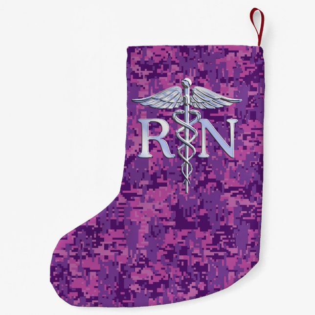 Registered Nurse RN Caduceus on Pink Camouflage Small Christmas Stocking (Back)