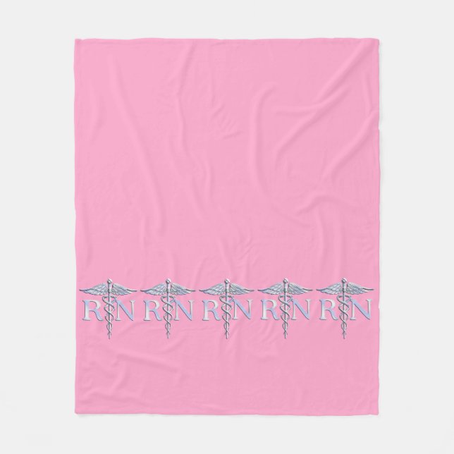 Registered Nurse RN Caduceus on Pink Rose Fleece Blanket (Front)