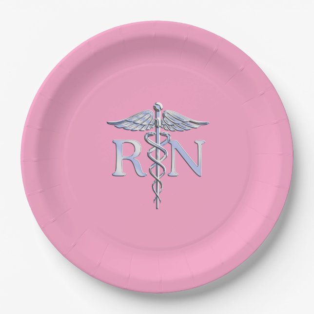Registered Nurse RN Caduceus on Pink Rose Paper Plate (Front)