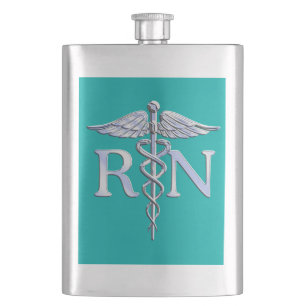 Registered Nurse RN Caduceus on Turquoise Decor Hip Flask